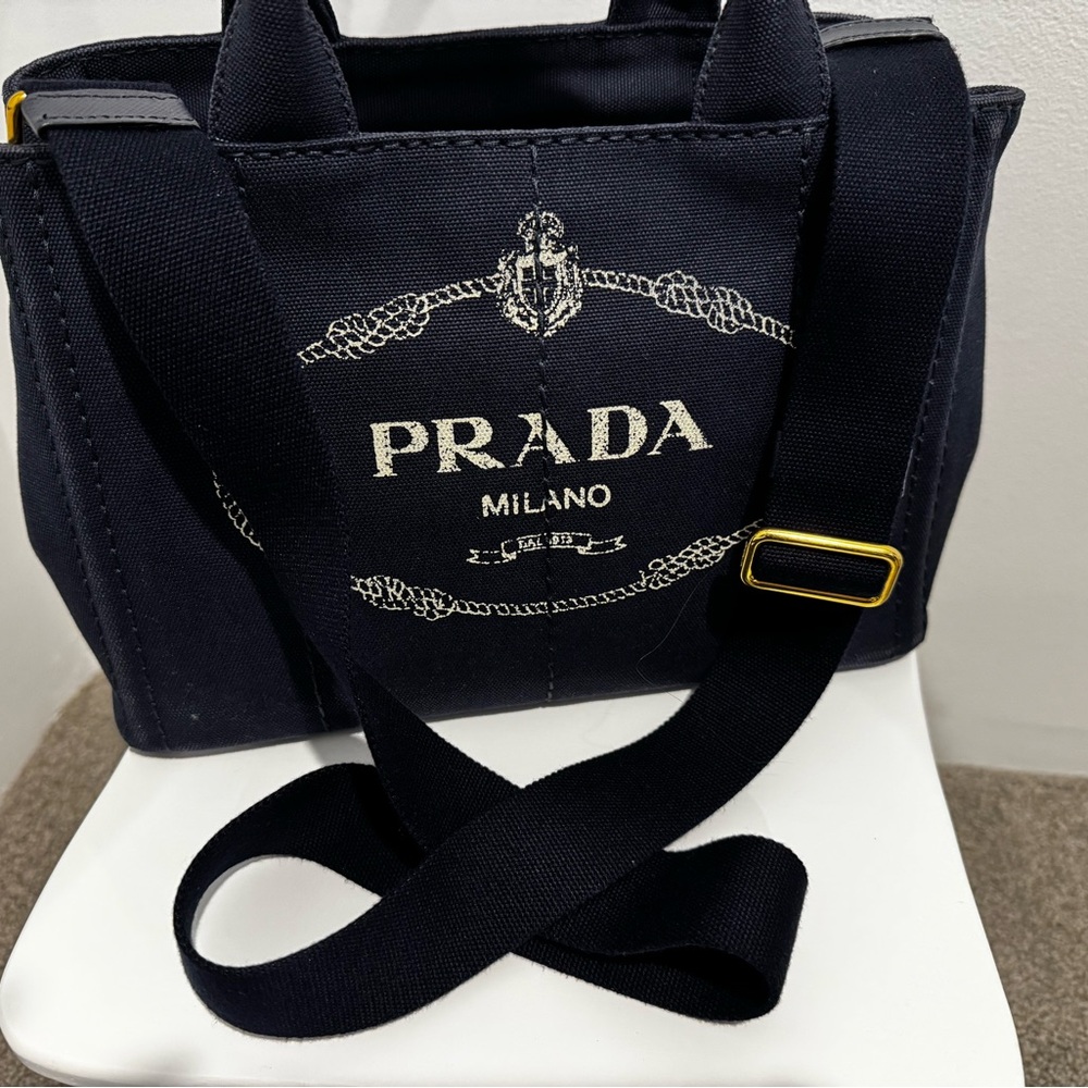 Prada Dark Blue Canapa Tote 2-Way with White Logo - Picture 8 of 10